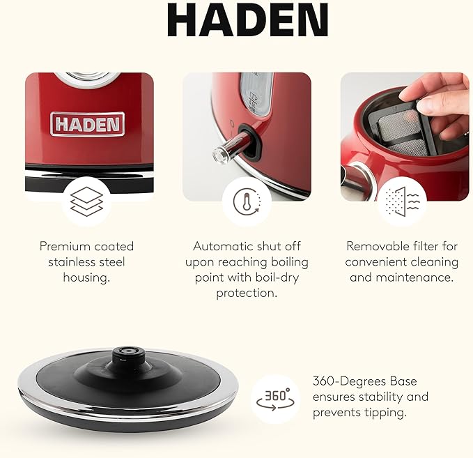 Haden Dorset 1.7 Liter Stainless Steel Electric Kettle, Hot Water Kettle with 360-Degree Base and Auto Shutoff, Rectory Red