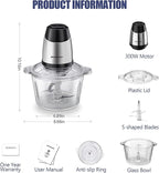 Homeleader Electric Food Chopper, 300W Stainless Steel Blade, Food Processor with 2L Glass Bowl, 2S Fast Shredding for Meat, Vegetables, Fruits and Nuts, Dishwasher Safe, Quiet Motor with 4 Blades