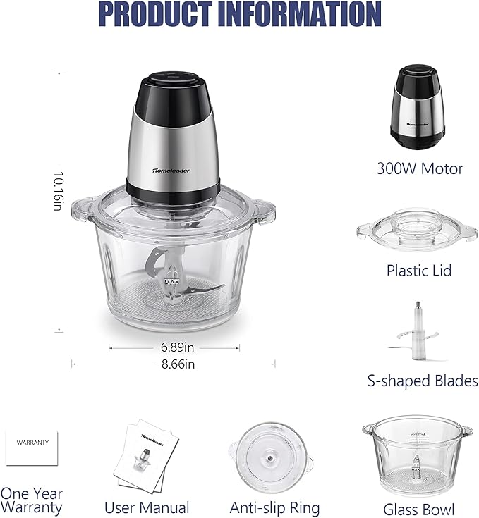 Homeleader Electric Food Chopper, 300W Stainless Steel Blade, Food Processor with 2L Glass Bowl, 2S Fast Shredding for Meat, Vegetables, Fruits and Nuts, Dishwasher Safe, Quiet Motor with 4 Blades