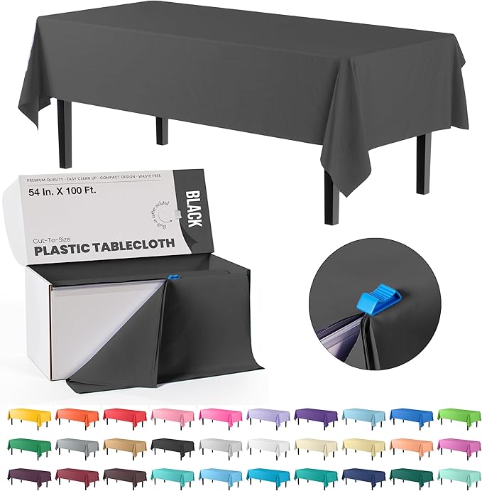 Exquisite Party Solids 54 Inch X 100 Feet Black Plastic Table Cover Roll in A Cut - to - Size Box with Convenient Slide Cutter. Cuts Up to 12 Rectangle 8 Feet Plastic Disposable Tablecloths