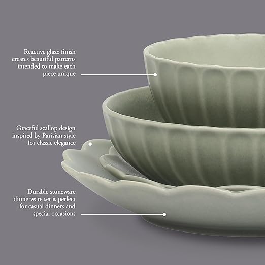 Gibson Elite Malibu Shore 16 Piece Scallop Stoneware Reactive Glaze (Service for 4) Ceramic Plates and Bowls Dinnerware Set - Green