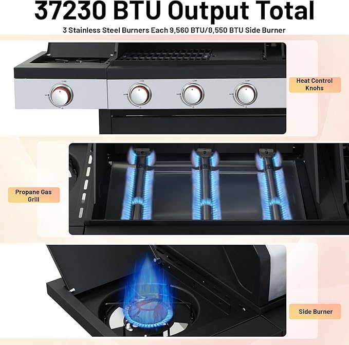 Propane and Charcoal Combo Grill with Side Burner, 37,230 BTU Outdoor BBQ Grill with Porcelain-Enameled Cast Iron Grates and Griddle Plate for Patio, Garden, Backyard (propane+charcoal)