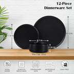 E-far Stoneware Dinnerware Sets, 12-Piece Plates and Bowls Dish Set for 4, Kitchen Modern Dinning Ware, Chip and Scratch Resistant, Microwave & Dishwasher Safe, Matte Black