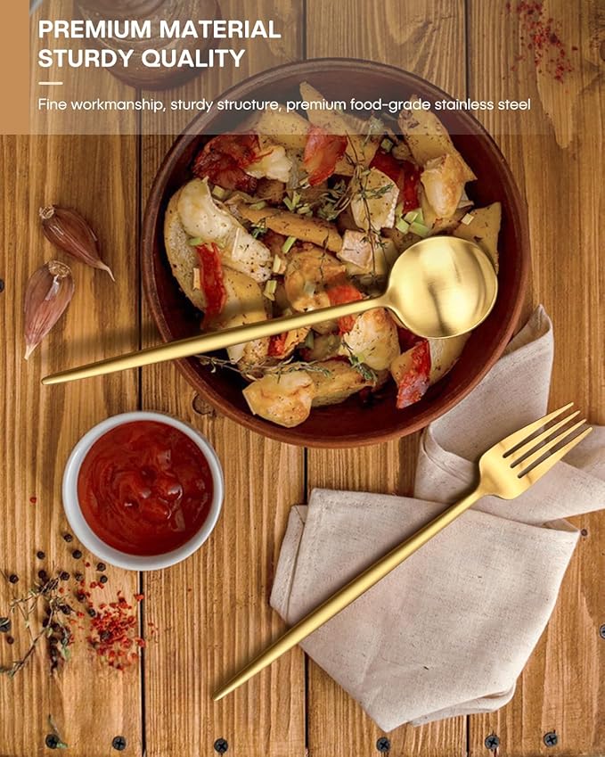 Gold Silverware Set,Ollex 60-Piece Modern Silverware Set for 12 with Knives Forks Spoons Matte Flatware Set Food-Grade Stainless Utensils Satin Finish Tableware Cutlery Set,Dishwasher Safe