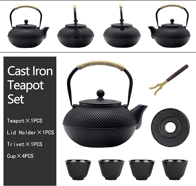 Big Cast Iron Teapot, Japanese Tetsubin Tea Kettle for Stovetop Safe, Cast Iron Teapot with Stainless Steel Infuser for Loose Tea and a Fully Enameled Interior (1500ml Tea Set with Cups)