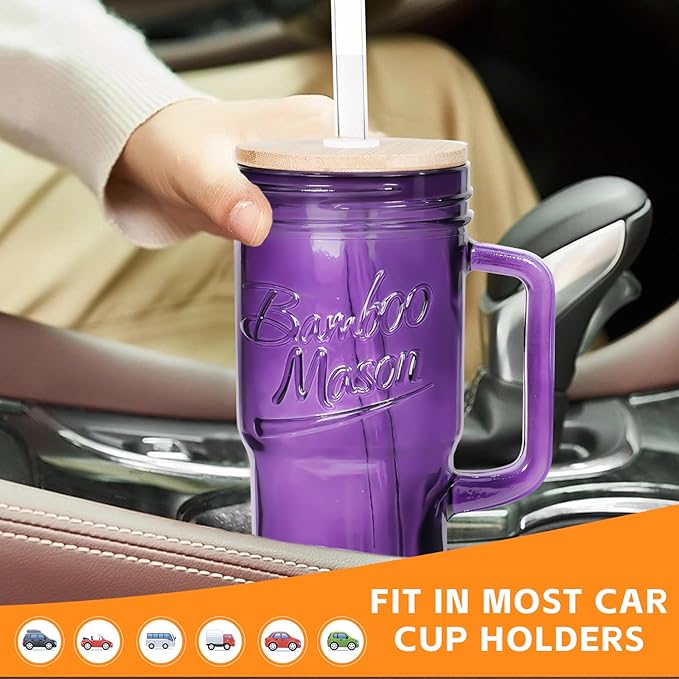 ANOTION Glass Cups with Handle, 24oz Glass Cups with Lids and Straws Travel Coffee Mug Bamboo Mason Jar Iced Cup Smoothie Tea Clear Cute Water Drinking Jars Glasses, Purple