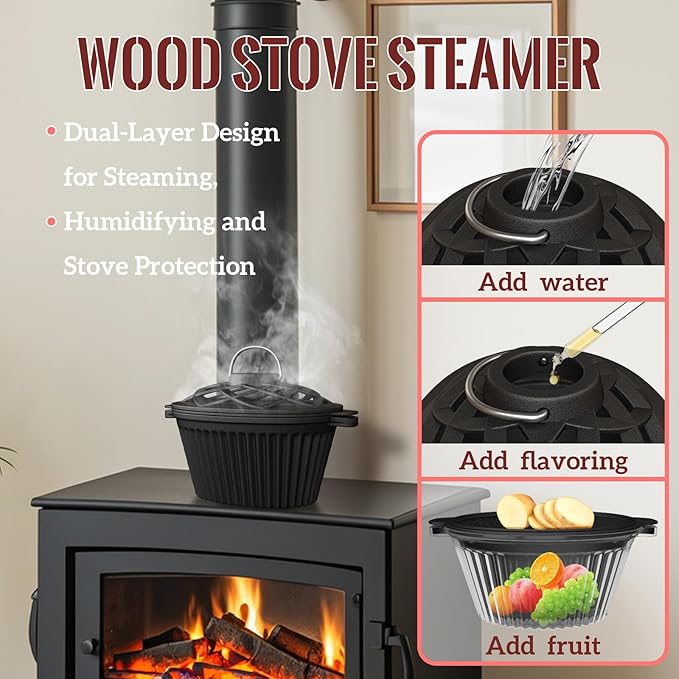 Wood Stove Steamer & Cast Iron Humidifier, 1.4 Qt Fireplace Simmer Pot with Cast Iron Trivet, Dual-Layer Design for Steaming, Humidifying and Stove Protection (Ellipse-1)