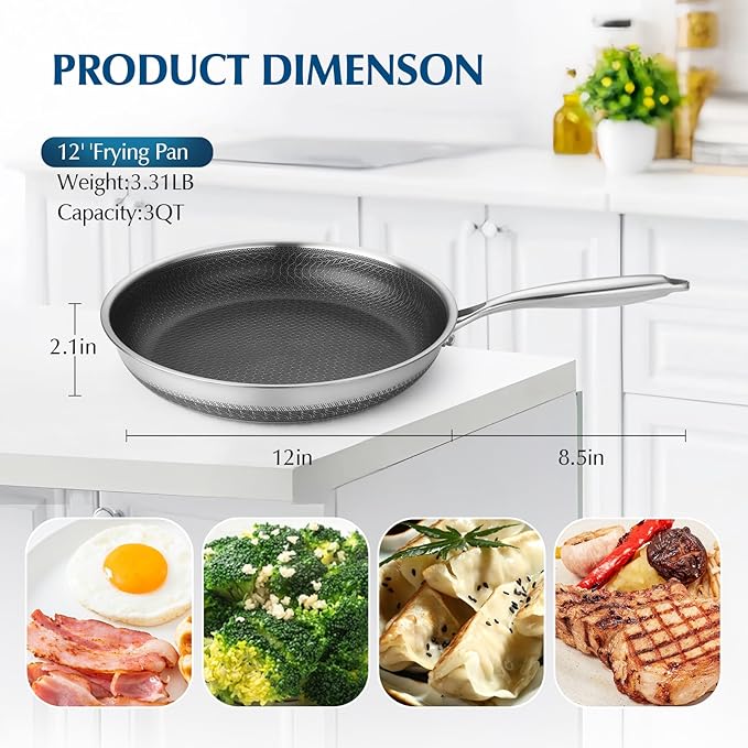 Nonstick Frying Pans, 12 inch Stainless Steel Frying Pan Non Stick with Honeycomb for Kitchen and Camping - Dishwasher and Oven Safe Skillet, Induction Gas Ceramic Cookware.
