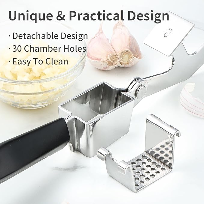 Garlic Press Stainless Steel, Professional Manual Garlic Mincer Garlic Crusher for Kitchen Use, Easy to Squeeze and Clean, Rust Proof and Dishwasher Safe, 8.26-Inch, Black