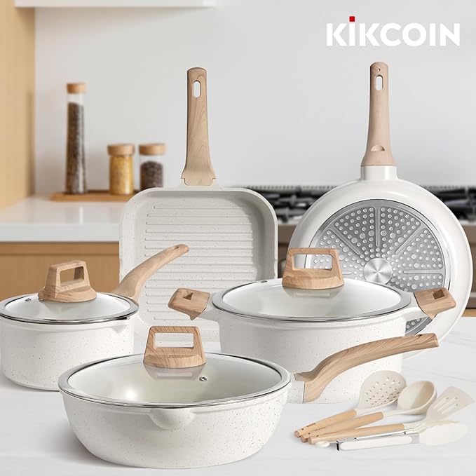 Kikcoin 16Pcs Pots and Pans Set Nonstick Ceramic Cookware Sets Induction Kitchen Cooking Set Non toxic Healthy Non Stick w/Grill Pan,Saute Pan, Ceramic White