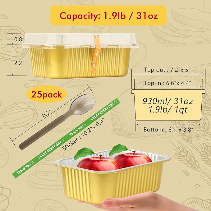 LNYZQUS 30oz Small Foil Pans with Lids 25 Pack, 7” x 5” Individual Baking Tins Deep Leftover Containers,Aluminum To Go Baked Food Containers Large Loaf Cake Pans Take Out Holders-Gold
