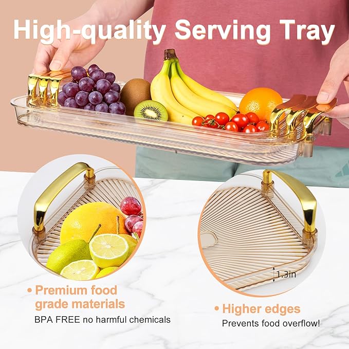 Set of 3 Serving Platters with Handles 16.5/15/13.2 Inch Reusable Large Serving Trays, Party Food Tray, Rectangular Dinner Plates for Cookie, Cake, Turkey, Cheese, Fruit, Snack(Amber)