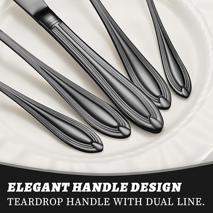TIVOLI Silverware Set for 6, 30 Piece Heavy Duty Stainless Steel Flatware Utensils Cutlery Set Including Steak Knife Fork and Spoon, Dishwasher Safe, Gift Package for Wedding Housewarming (Black)