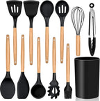 Kitchen Utensils Set of 12, E-far Silicone Cooking Utensils with Holder, Non-stick Cookware Friendly & Heat Resistant, Includes Spatula Tong Whisk Ladle Brush Slotted Turner Spoon(Black)