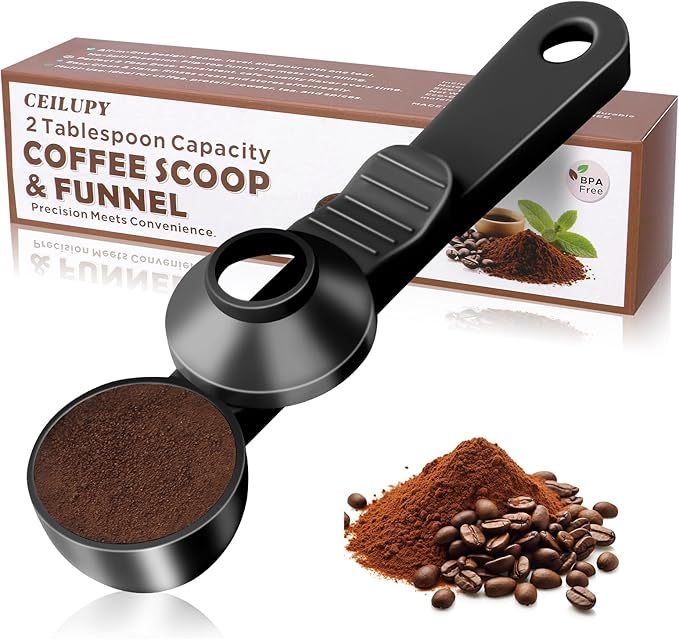 2-in-1 Coffee Scoop with Funnel, 2 Teaspoon Measuring Spoon for Reusable K Cups, Ground Coffee, Protein Powder & Tea, Mess-Free Plastic Design (Black)