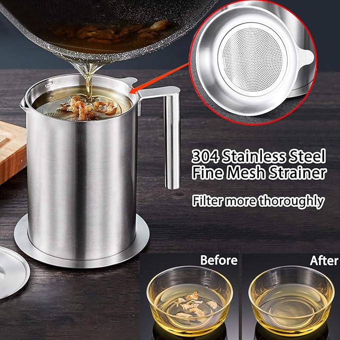 Sumerflos 1.8 L/1.9 Quart Stainless Steel Grease Strainer and Container - Large Oil Storage Pot Grease Keeper with Dust-Proof Lid & Easy Grip Handle - for Bacon, Kitchen Cooking or Frying Oil