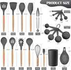 HaWare Kitchen Cooking Utensils Set, 23-Piece Silicone Kitchen Utensils Spatula Set with Holder, Heat Resistant Wooden Handle Kitchen Gadget for Nonstick Cookware, Food-grade Turner Spoon Sets (Grey)