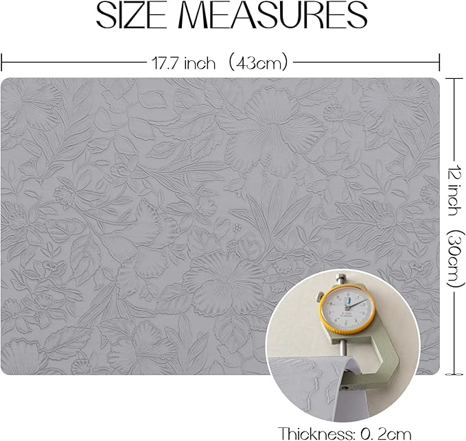 Romanstile Vinyl Placemats Set of 8-12 X 18 Inch - Heat Resistant Non-Slip Embossed Floral Place Mats 100% Waterproof Oilproof Wipeable Faux Leather Table Mats for Kitchen/Dining/Party, Grey