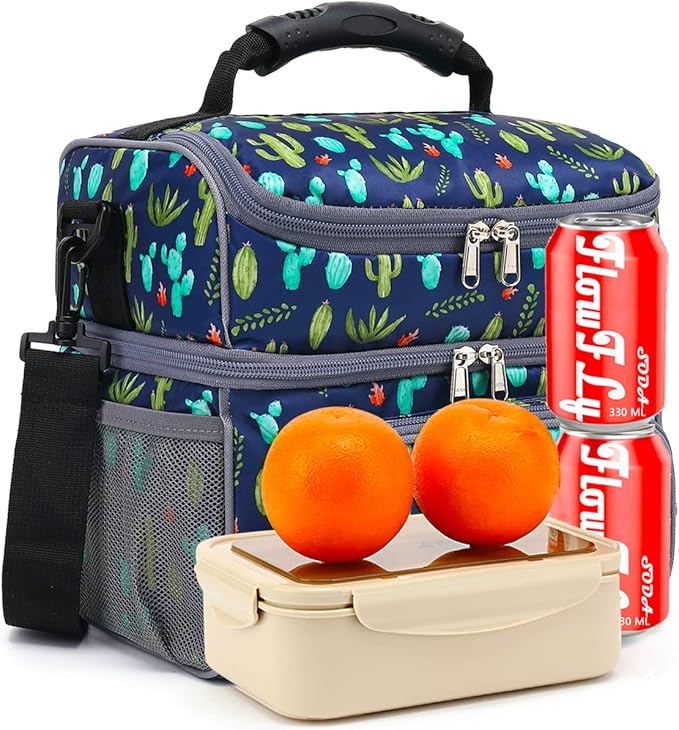 FlowFly Double Layer Cooler Insulated Lunch Bag Adult Lunch Box Large Tote Bag for Men, Women, With Adjustable Strap,Front Pocket and Dual Large Mesh Side Pockets