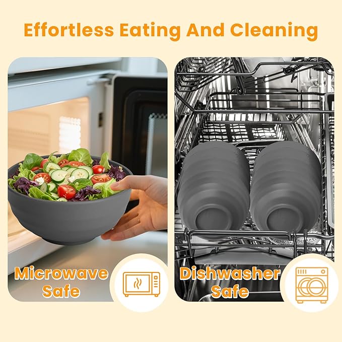 Homienly Wheat Straw Bowls Set of 8, 60oz Extra Large Unbreakable Bowls - Lightweight Alternative to Plastic Serving Bowls for Cereal, Ramen & Soup, Microwave Safe for Outdoor Activities (Grey)