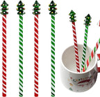 Christmas Tree Glass Stir Sticks - 6.88" Cute Swizzle Stick for Coffee & Cocktails - Festive Red, Green& White Striped Design - Holiday Party Drink Mixers Essentials (4-Pack)