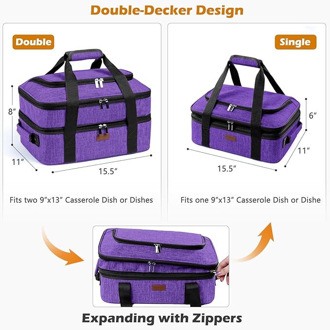 BAGSPRITE Expandable Insulated Casserole Carrier for Hot or Cold Food, Casserole Dish Carrying Case,Thermal Lasanga Lugger Tote for Pockluck, Parties, Picnic, Fits 9" x 13" Baking Dish,