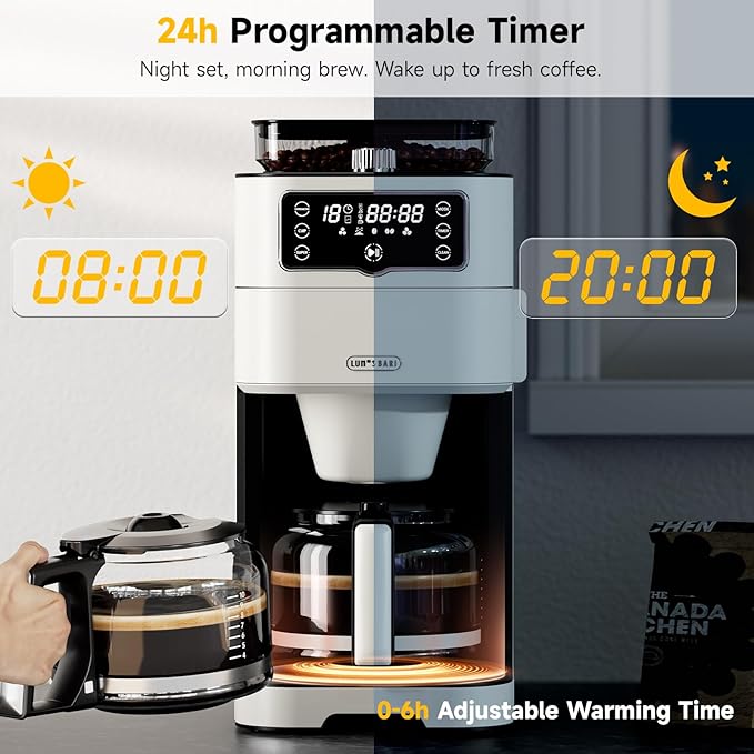 Drip Coffee Maker with Built-in Grinder, 10-Cup Coffee Machine with 24-Hour Delay Timer, Touch Screen, Self-Cleaning, Reusable Filter, 1.5L Removable Water Tank, Warming Plate, White