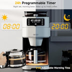Drip Coffee Maker with Built-in Grinder, 10-Cup Coffee Machine with 24-Hour Delay Timer, Touch Screen, Self-Cleaning, Reusable Filter, 1.5L Removable Water Tank, Warming Plate, White