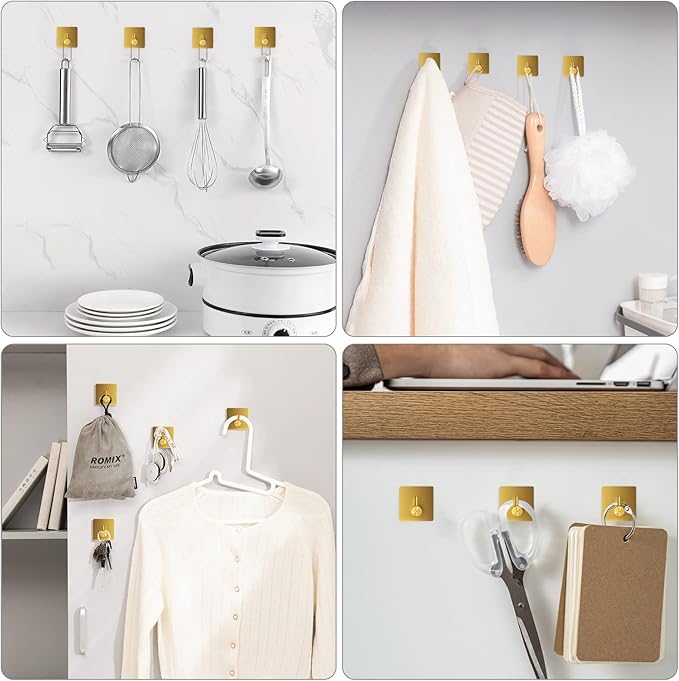 VIS'V Adhesive Towel Hooks, Waterproof Shower Wall Stick on Hooks, Gold, 4 Pcs