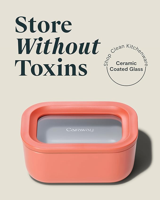 Caraway Mini Rectangle Food Storage Container - 2.6 Cup Glass Storage Container for Food - Non-Toxic Ceramic-Coated Glass - Air Release Technology - Compact & Stackable Design - Perracotta