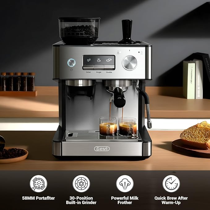 Gevi 20 Bar Espresso Machine with Grinder & Milk Frother, Professional Coffee Maker for Home, Cappuccino & Latte, Removable Water Tank, Steam Wand