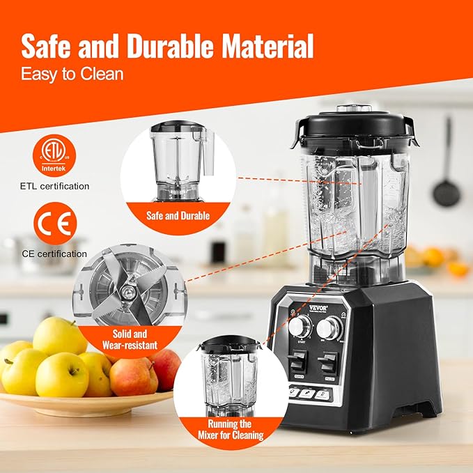 VEVOR Professional Blender, Commercial Countertop Blenders, 68 oz Jar Blender Combo, Stainless Steel 3 Functions, for Frozen Drinks, Shakes, Smoothies, Peree, and Crush Ice, Black