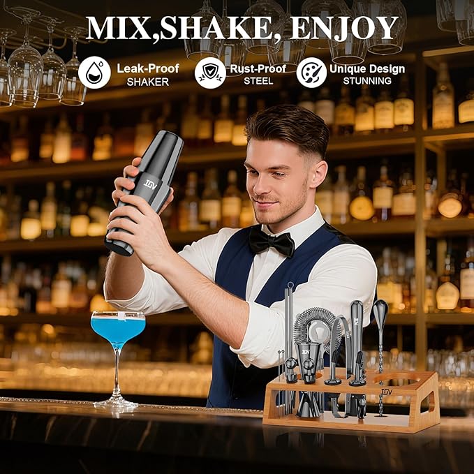 IOV Mixology Bartender Kit Bar Set with Stand | 17-Piece Cocktail Shaker Set | 28oz Boston Shaker Drink Mixer Set with All Essential Accessory Tools | Fun Housewarming Gift (Black)