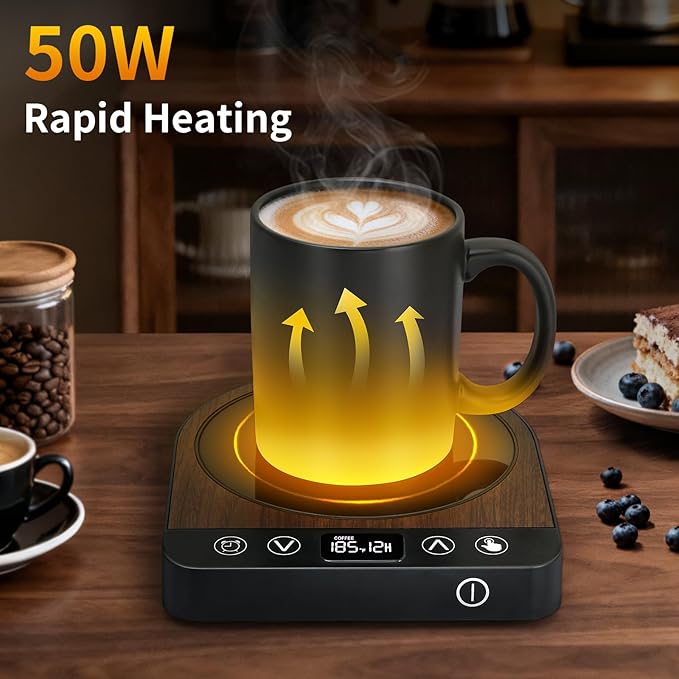 Smart Coffee Mug Warmer, 50W Fast Heating Coffee Warmer for Desk with 5 Temperature Control & 2-12H Auto Shut Off, Electric Large Panel Cup Warmer for Milk, Tea, Beverage, Candle, Wood