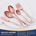 EUIRIO 53-Piece Rose Gold Silverware Set with Serving Utensils, Rose Gold Flatware Set for 8, Stainless Steel Mirror Cutlery Set, Spoons Forks Knives with Unique Floral Laser, Dishwasher Safe