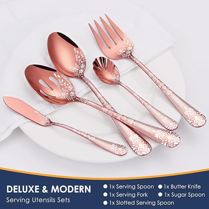 EUIRIO 53-Piece Rose Gold Silverware Set with Serving Utensils, Rose Gold Flatware Set for 8, Stainless Steel Mirror Cutlery Set, Spoons Forks Knives with Unique Floral Laser, Dishwasher Safe