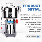 2000g Electric Grain Mill Grinder, 304 Stainless Steel Flour Mill, 3600W High Speed Spice Grinder, Electric Grain Mill for Dry Wheat, Oats, Corn, Pepper and Coffee Beans