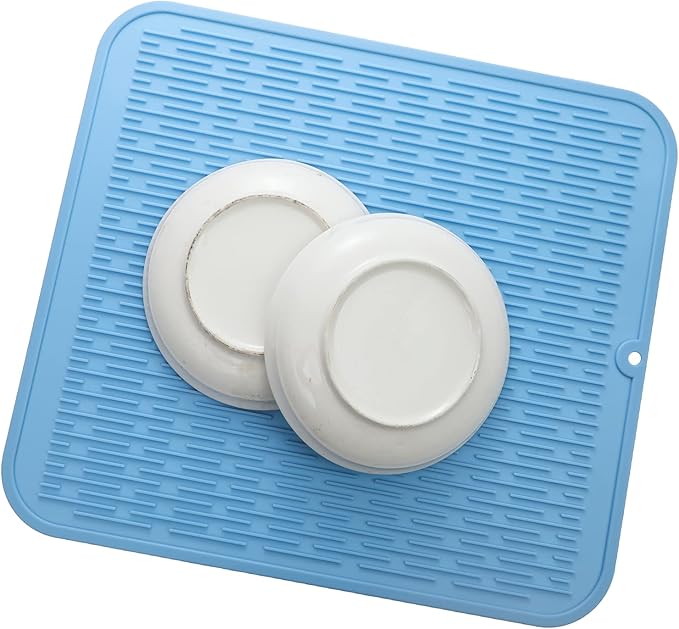 Silicone Dish Drying Mat for Multiple Usage,Easy clean,Eco-friendly,Heat-resistant Silicone Mat for Kitchen Counter or Sink,Refrigerator or Drawer Liner Light Blue XL 18 inches x 16 inches