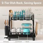 BOOSINY Dish Drying Rack, 2 Tier Large Stainless Steel Black Dish Rack for Kitchen Counter, Drying Rack with Cups Holder, Utensil Holder and Drainboard Set, Dish Strainer Shelf for Kitchen
