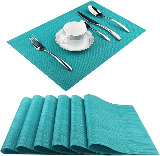 PIGCHCY Placemats,Washable Durable Vinyl Woven Table Mats,Elegant Heat Resistant Placemats for Dining Table Set of 6 (18 x 12 inches, Turquoise)