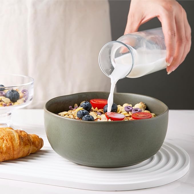 AmorArc Stoneware Cereal Bowls for Kitchen, 28oz Large Ceramic Soup Bowls Set of 4 for Meal,Snacks,Soup, Oven, Microwave&Dishwasher safe Kitchen Bowls with Wavy Rim, Reactive Glaze Matte