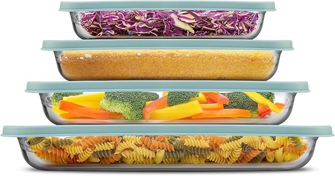 JoyJolt 8-Piece Borosilicate Glass Oven Dishes with Powder Blue Lids, Rectangle Deep Glass Baking Dish Set, Baking Pans for Lasagna Casserole Cake, Bakeware Set, Freezer to Oven Tray to Dishwasher