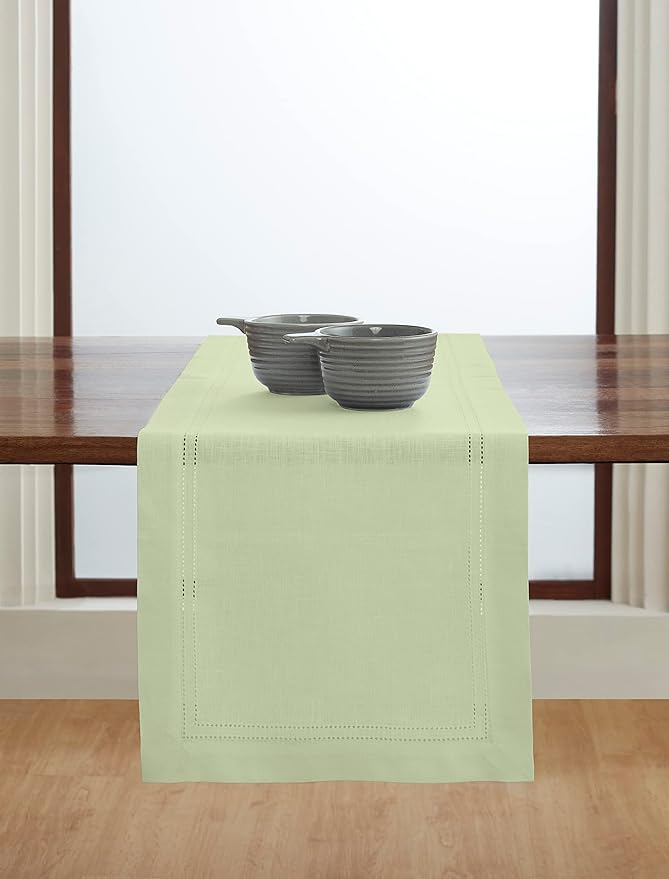 Solino Home Linen Table Runner 120 Inches Long - 100% Pure Linen Sage Green Table Runner 14 x 120 Inch for Summer, Fall, Autumn - Double Hemstitch