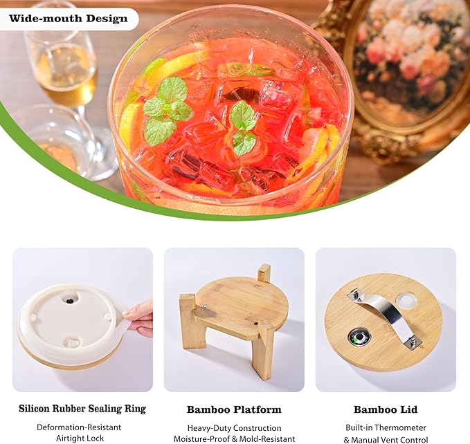1.2 Gallon Large Glass Drink Dispenser For Parties, Beverage Dispenser with Bamboo Wood Stand and Stainless Steel Spigot, Juice, Lemonade, Water jug dispenser, Laundry Detergent Dispenser (2 PACK)