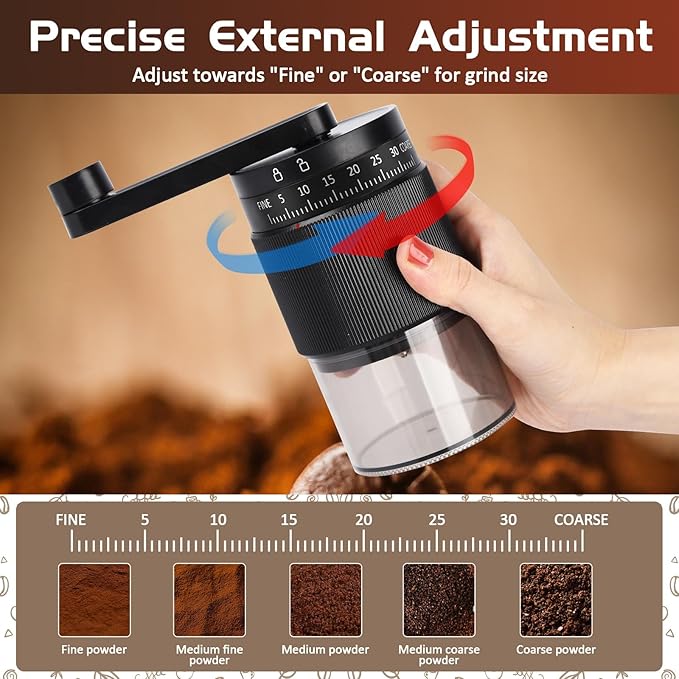 Manual Coffee Grinder - 95 Ceramic Burr, Adjustable Coarse to Fine, 30g Beans & 80ml Powder, Detachable Handle for Espresso, French Press, Camping (Black and grey)