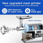 Electric Meat Grinder,3000 Max Heavy Duty Stainless Steel Meat Mincer with 2 Blades,3 Grinding Plates,Sausage Stuffer Tubes & Kubbe Kit for Home & Kitchen Using