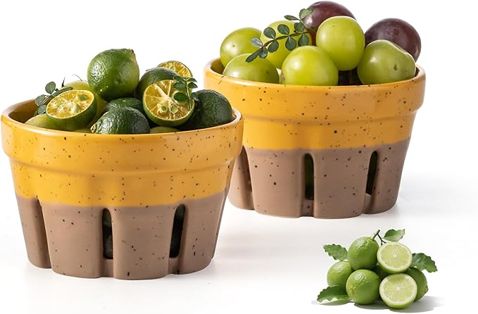 Gomakren Ceramic Berry Basket Set of 2, Round Fruit Bowls with Holes, Rustic Fruit Basket Containers for Kitchen, Berries, Strawberry, Grape, Cherry, Yellow + Brown