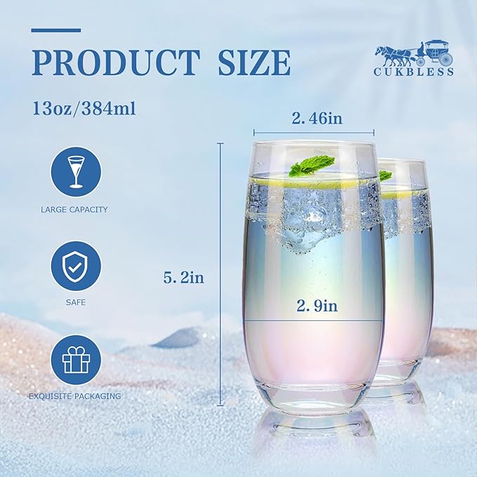 CUKBLESS Iridescent Drinking Glasses Set of 6 ，Crystal Highball Water Glasses，Glass Cups for Water, Juice, Beverage, Mojito，13 Oz