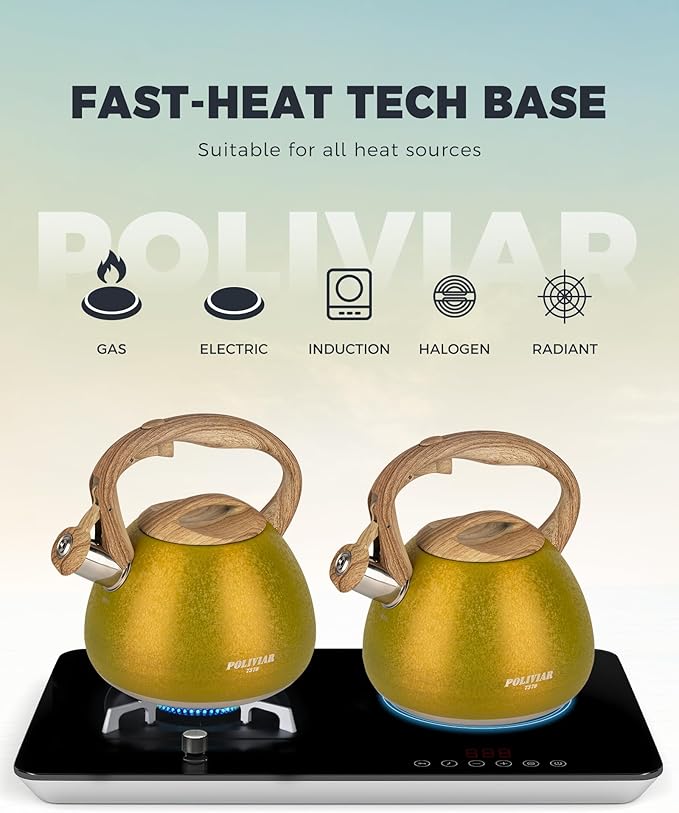 POLIVIAR Tea Kettle, 2.7 Quart Stovetop Tea Kettle, Audible Whistling Teapot with Crackle Finish, Food Grade Stainless Steel for Anti-Rust, Anti Hot Handle, Suitable for All Heat Sources (JX2023-LRY)