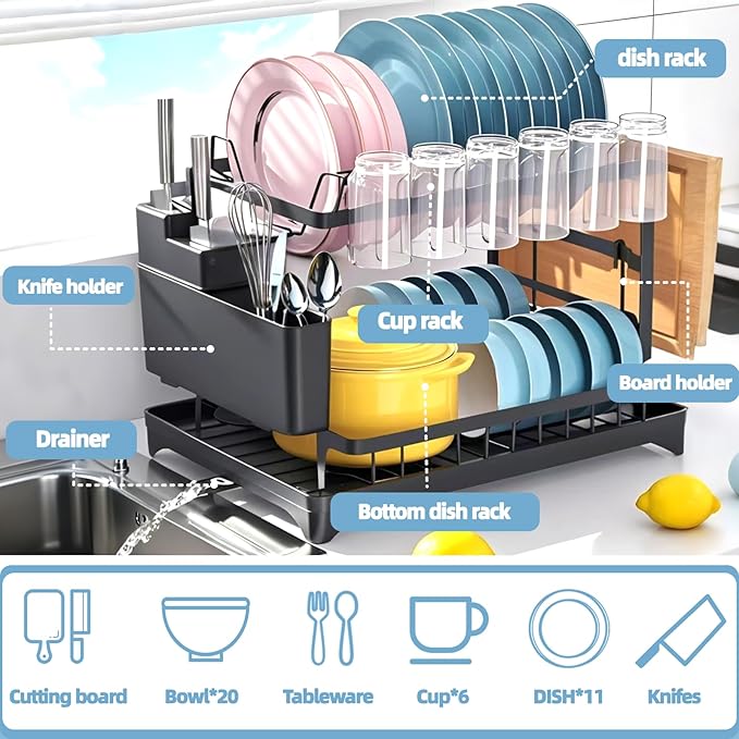 Dish Drying Rack, Stainless Steel Dish Rack, 2-Tier Kitchen Organizers for Dishes, Knives, Cups, Cutting Boards, Detachable Large Capacity Dish Drainer Organizer & Space-Saving Utensil Holder
